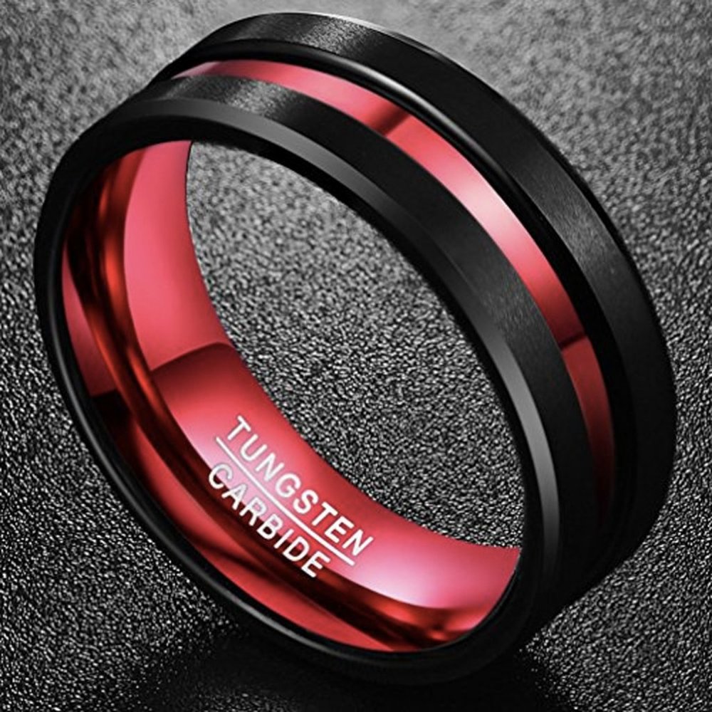 Mens Tungsten Wedding Band 8mm. Red & Black Matte Finish Tungsten Carbide Ring